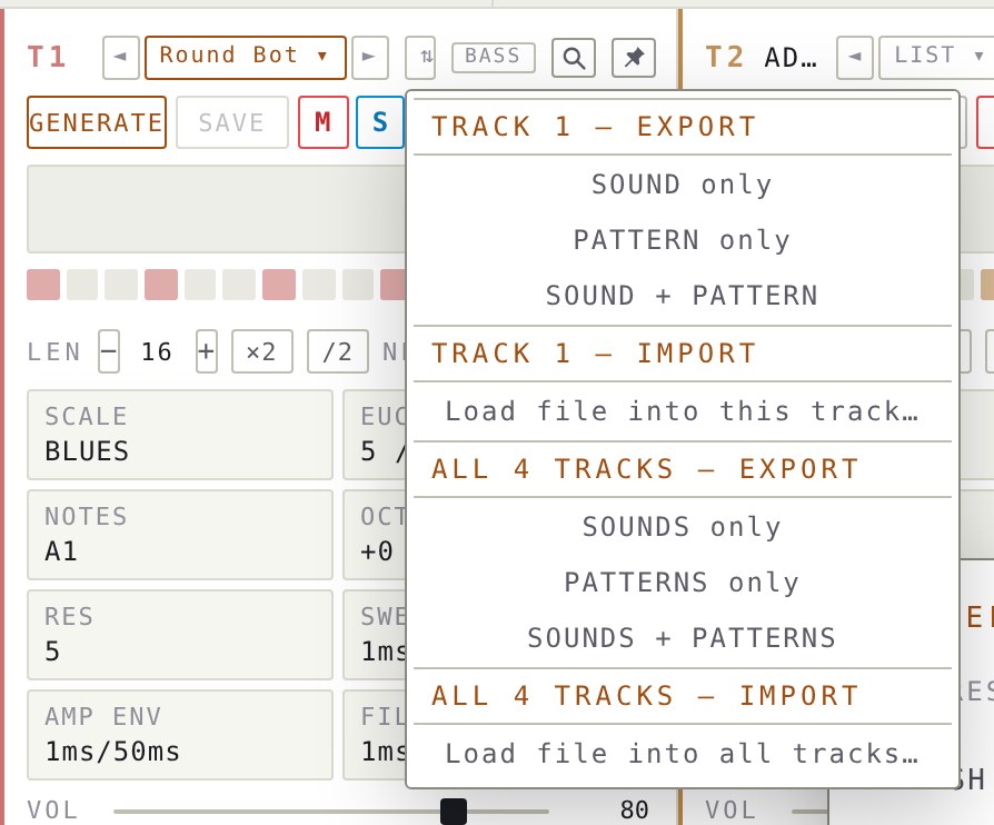 Sound and pattern export menu